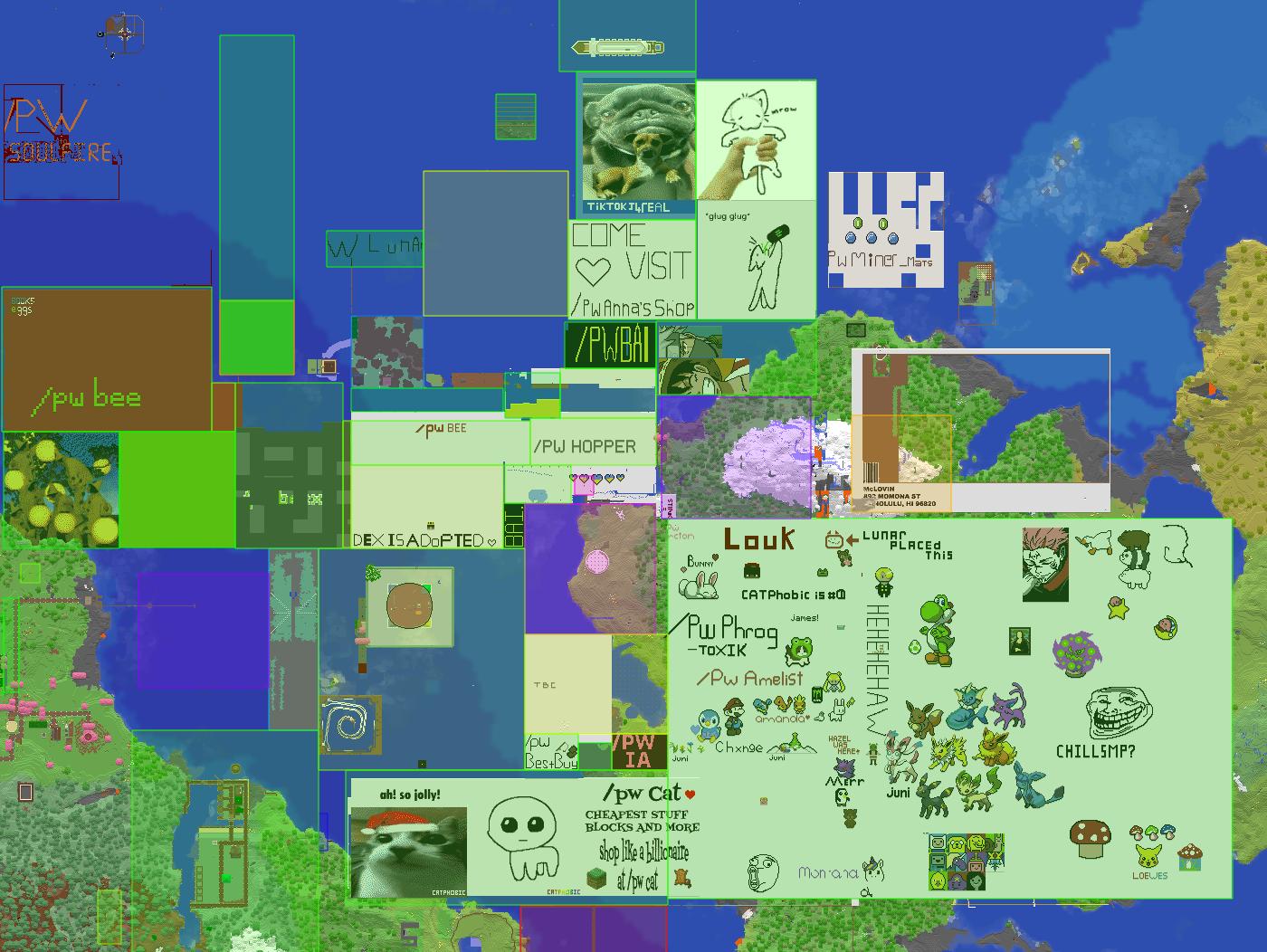 The ChillSMP live map of the Chill Realm, covered in player claims, shops, and pixel art