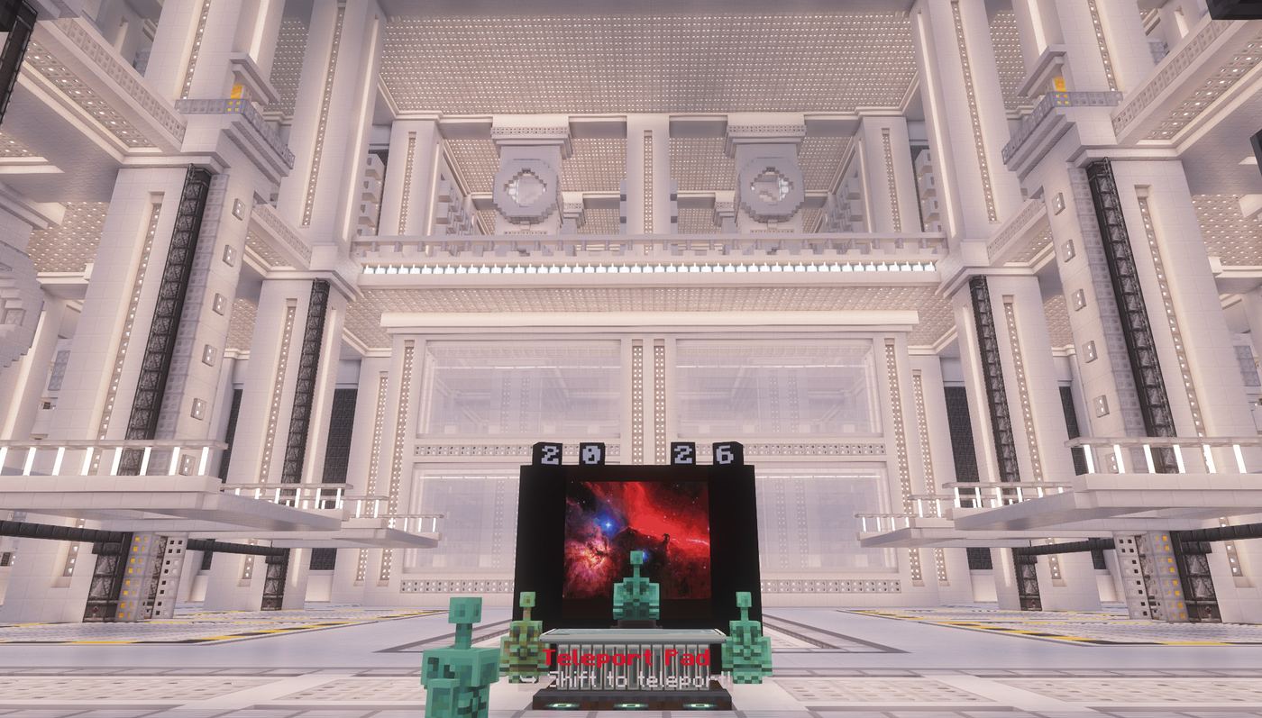 A massive futuristic white hall with a teleport pad, built by a survival player