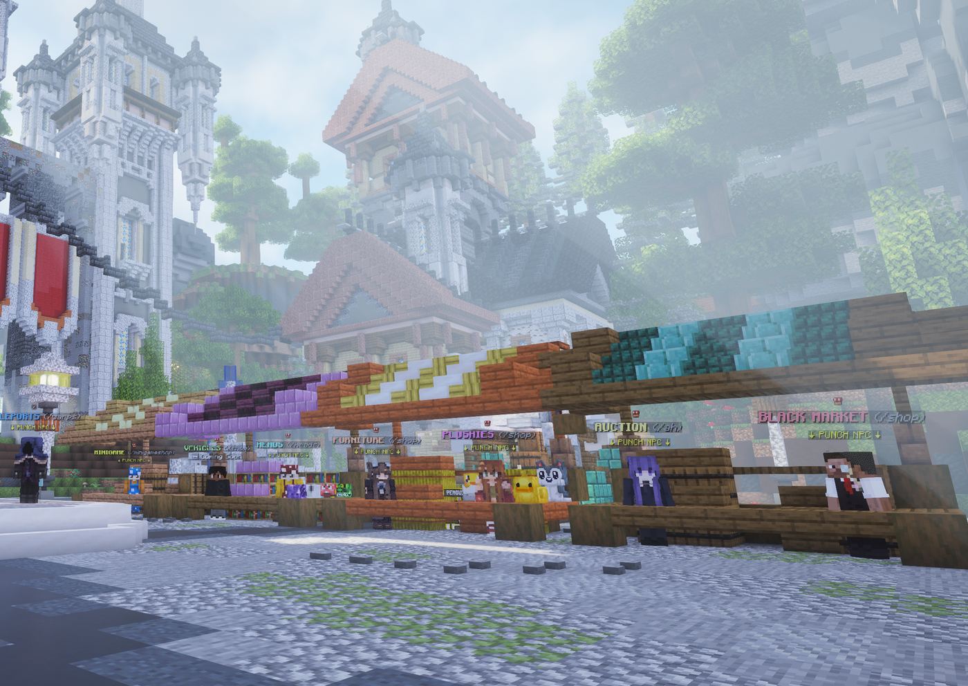 A castle-town survival spawn with a market street of NPC stalls
